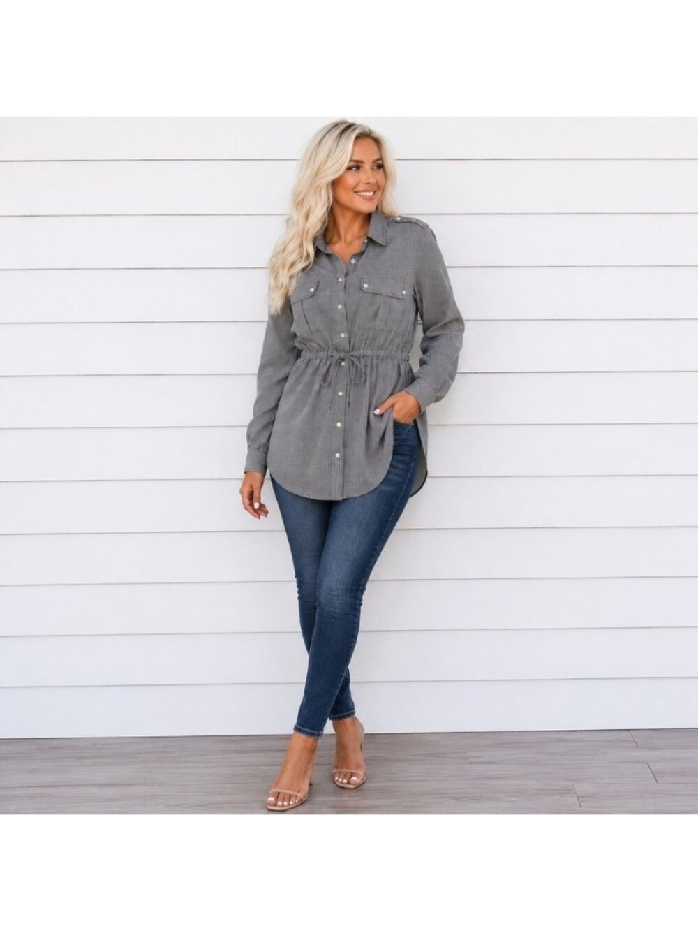 Black White Micro Gingham Cotton Utility Shirt Tunic Drawstring Waist